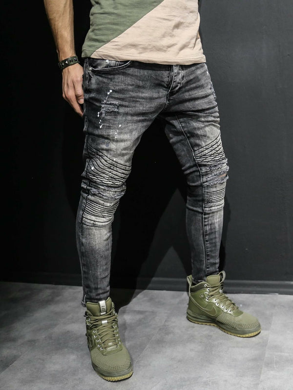 2Y Men Skinny Fit Ripped Destroyed Paint Short Jeans - Washed Black ...