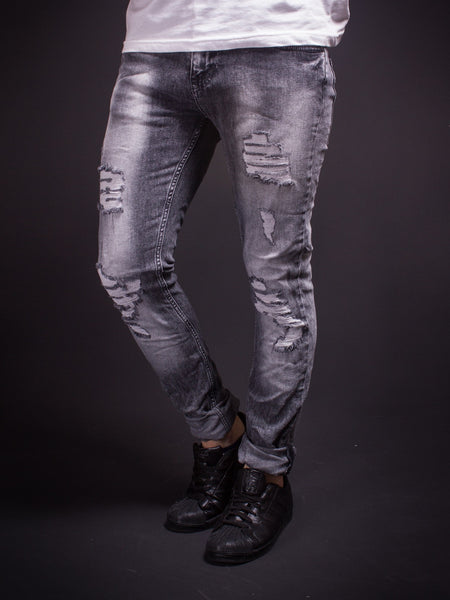 Men Slim Fit Mis Ripped Destroyed Jeans - Washed Black