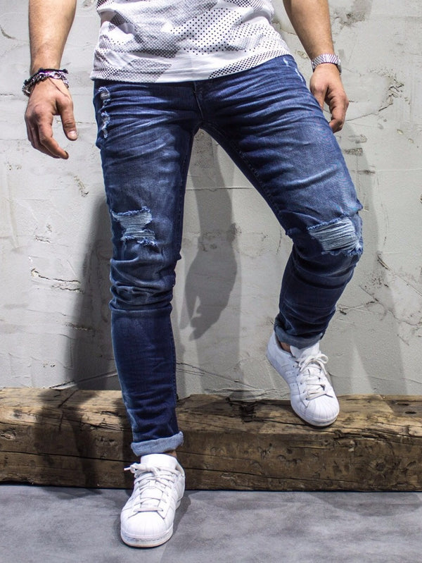Men Slim Fit Simply Ripped Jeans - Blue - FASH STOP