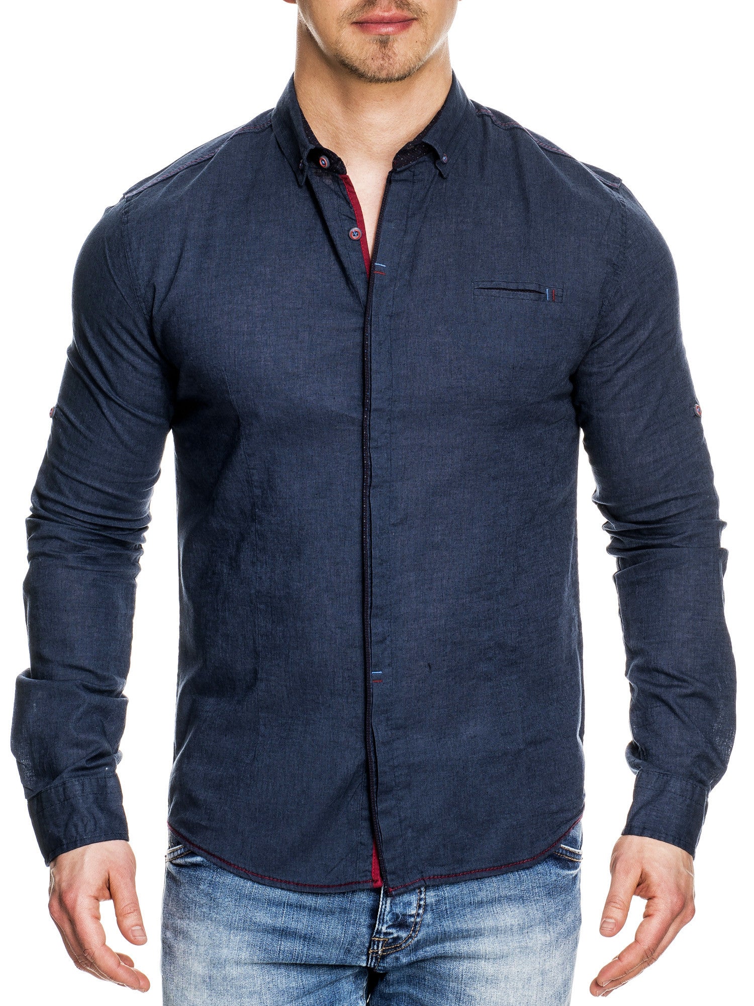 K&D Men Casual Button Up L/S Shirt - Navy Blue - FASH STOP