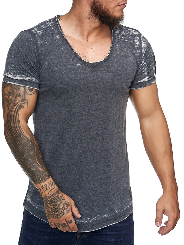 Washed Rugged Big V-neck T-Shirt - Asphalt Gray X0013A - FASH STOP