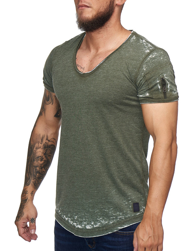 Washed Rugged Big V-neck T-Shirt - Army Green X0013B - FASH STOP