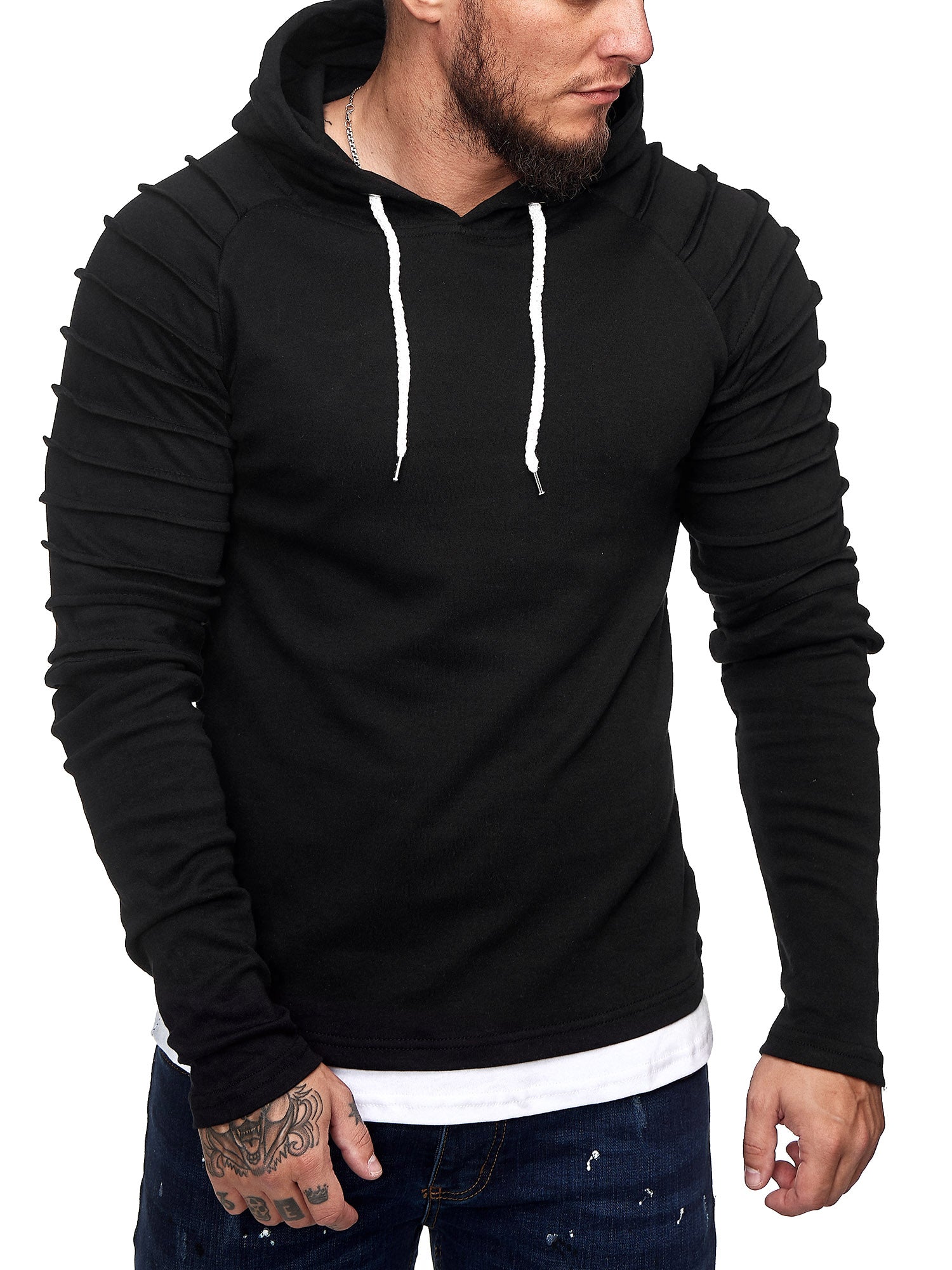 Goum Extention Ribbed Hoodie Sweatshirt - Black X0029A - FASH STOP