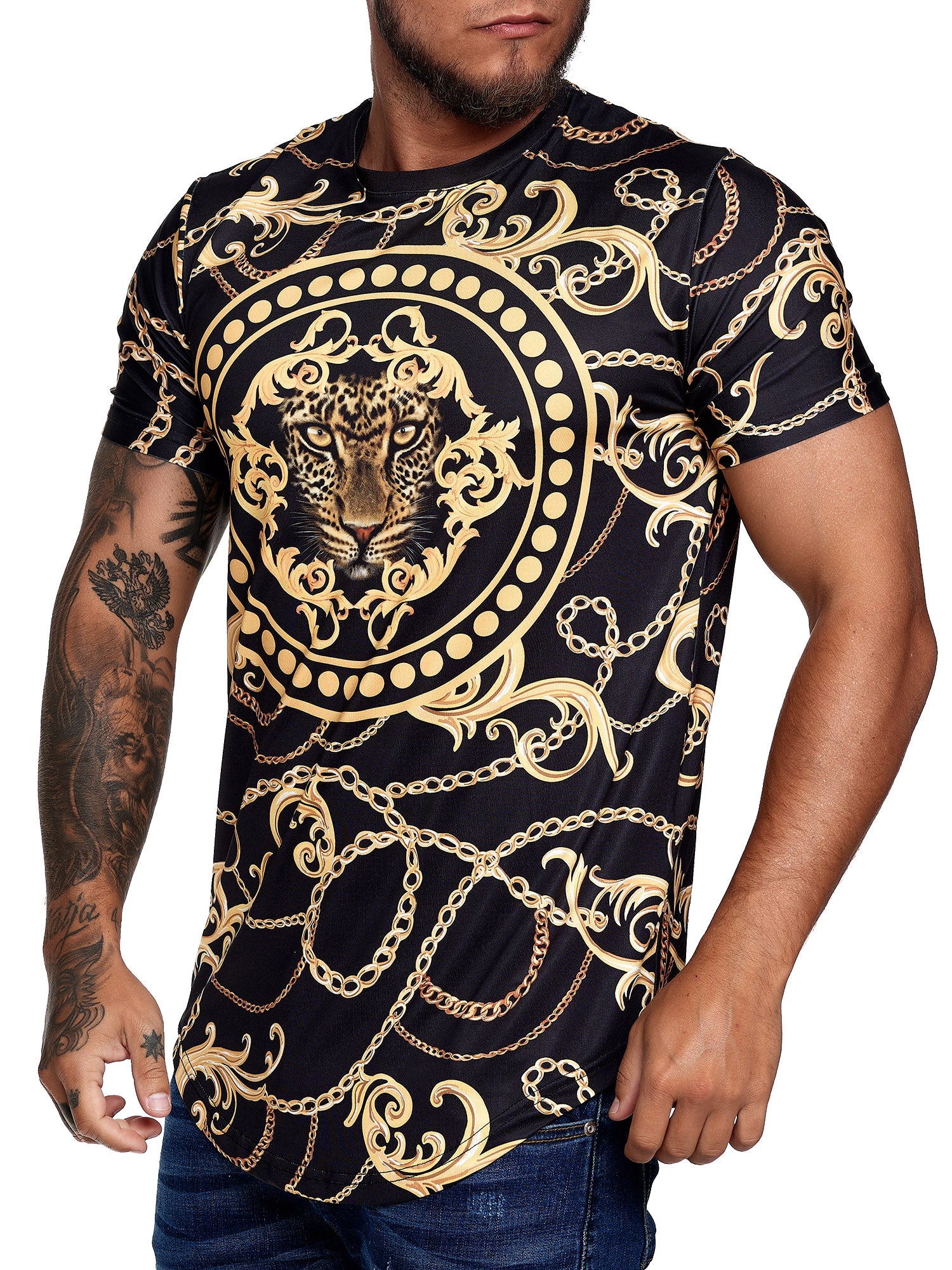 Chained Leo Graphic T-Shirt - Black Gold X67A - FASH STOP