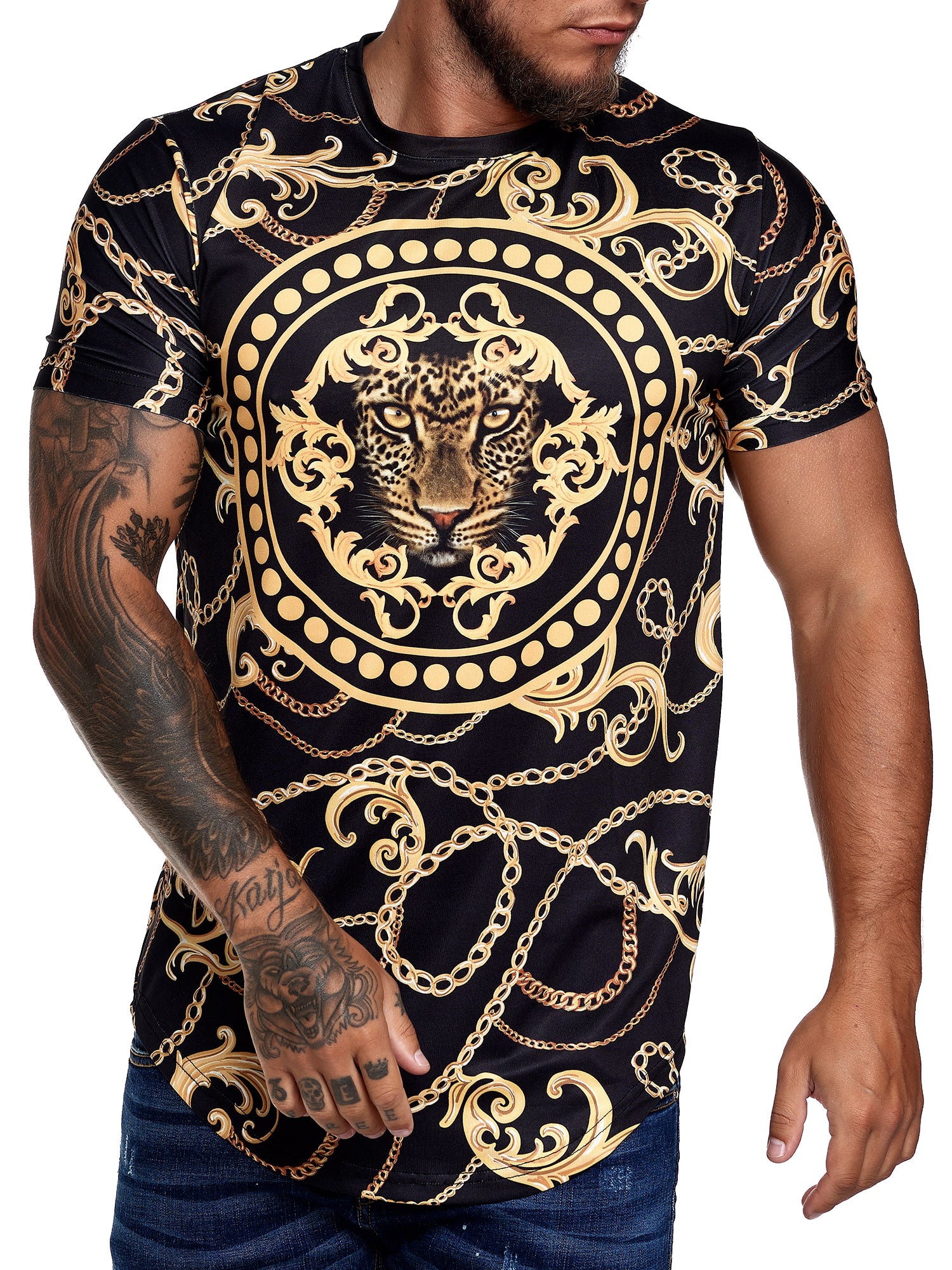 Chained Leo Graphic T-Shirt - Black Gold X67A - FASH STOP