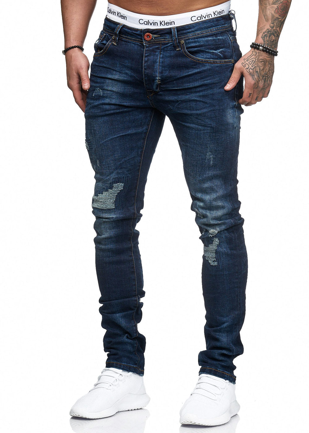 Crool Distressed Stitched  Jeans - Blue H0002