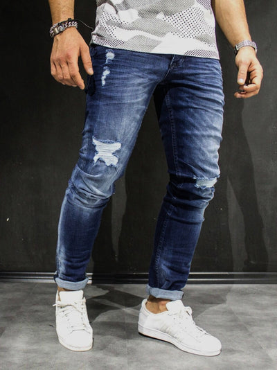 Men Slim Fit Simply Ripped Jeans - Blue - FASH STOP