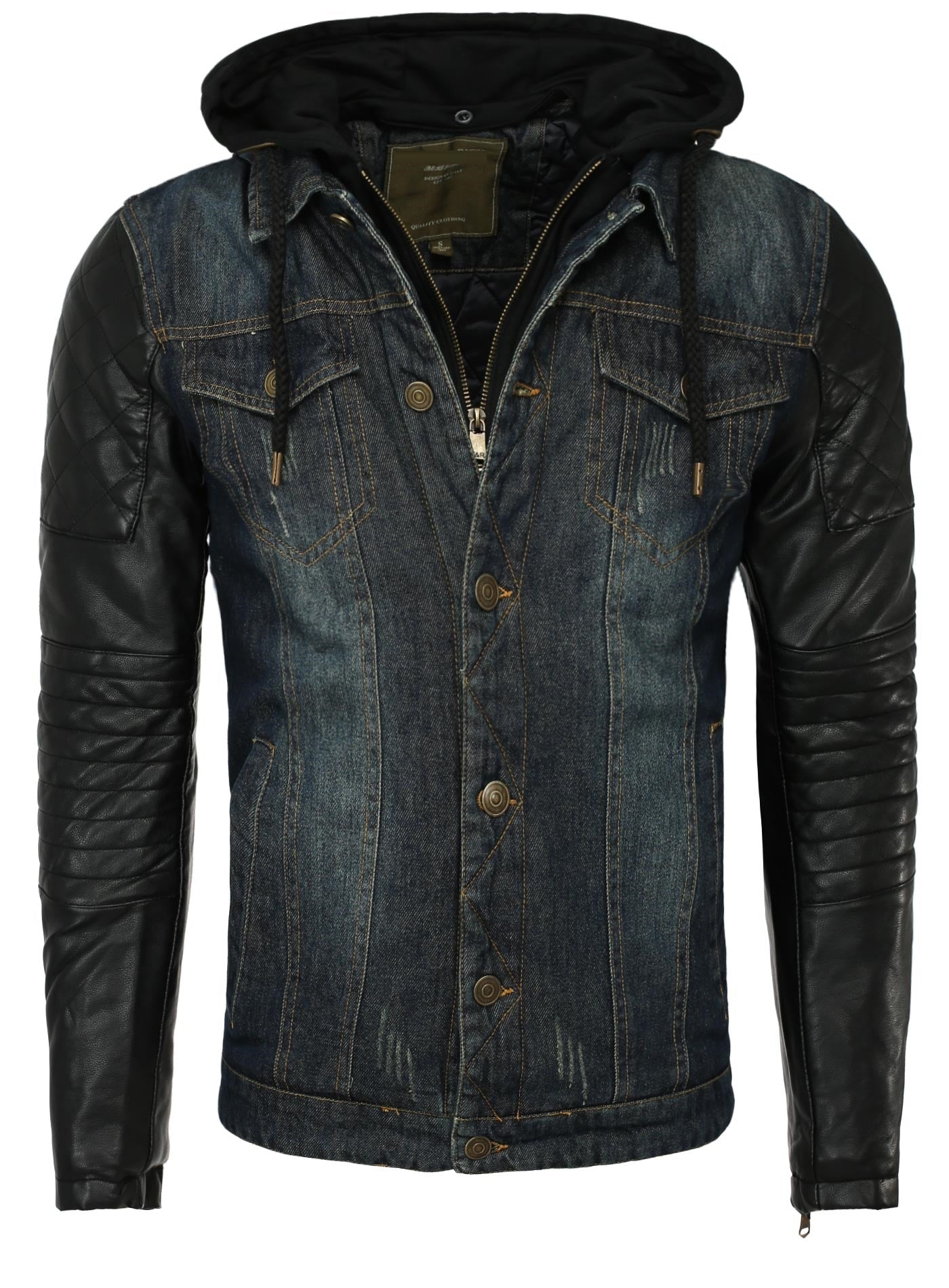 black denim jacket with leather sleeves