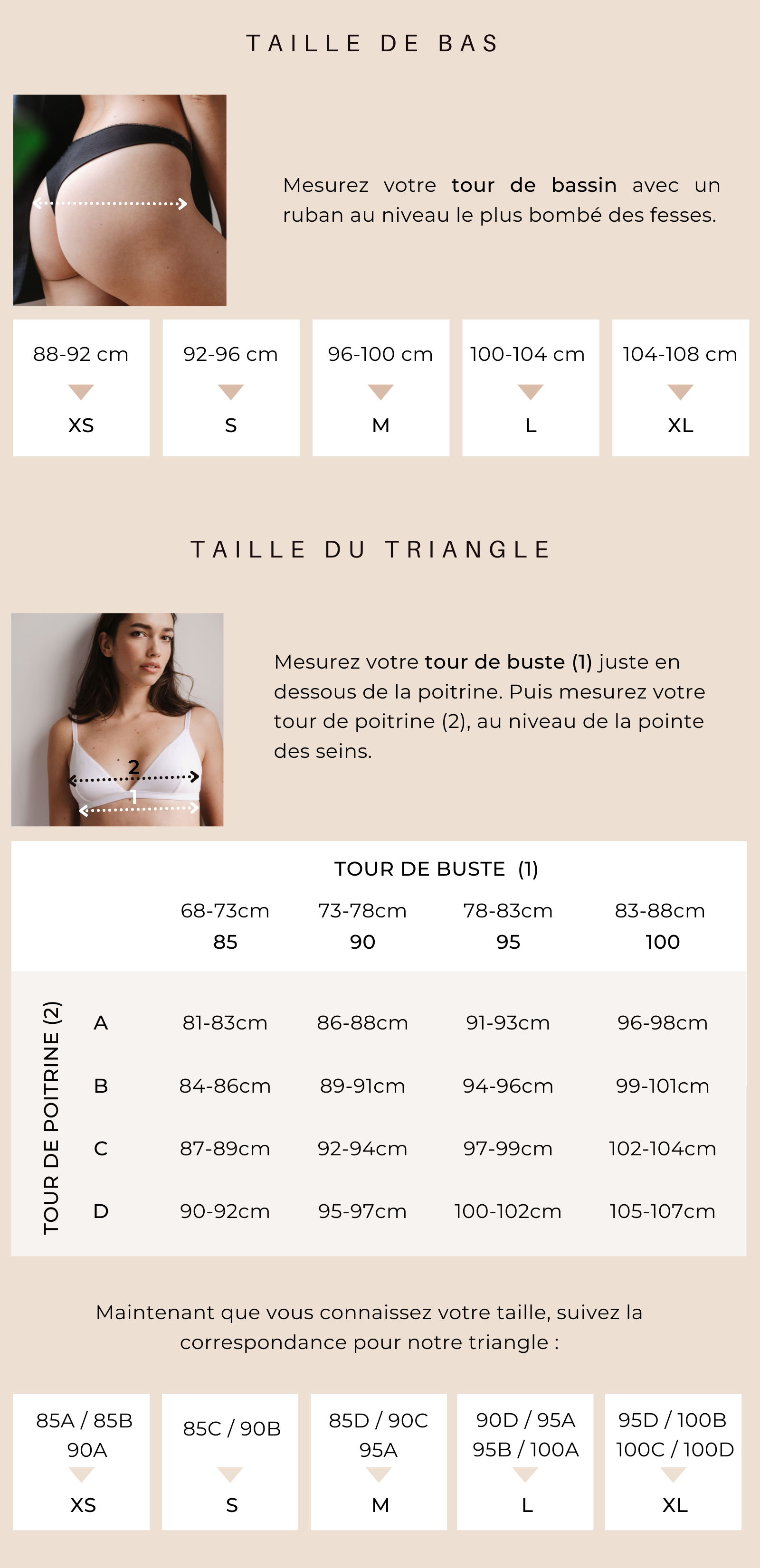 Guide des tailles Posi studio : triangle, culotte et tanga