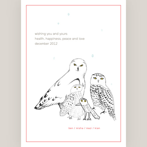 Four Snowy Owls drawn by the Zadeh Graham Family