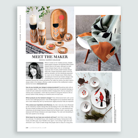Misha Zadeh featured in Meet The Maker section of Luxe Magazine November 2022. There is a short interview, along with a headshot and photographs of some of her housewares and knit textiles.