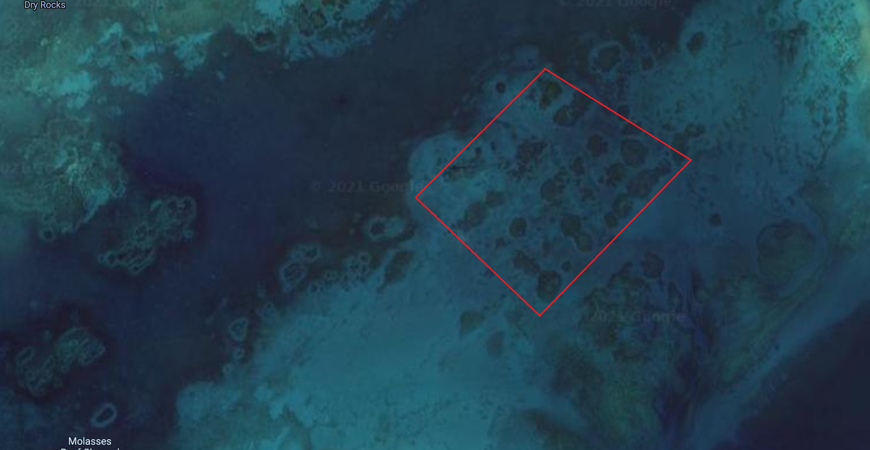 Close up of what the Florida keys patch reefs look like from aerial satellite image