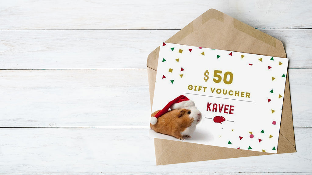 Whether you're after last-minute Christmas presents for guinea pigs or simply a gift that keeps on giving - the pictured Kavee voucher will put a smile on every piggy parent's face!