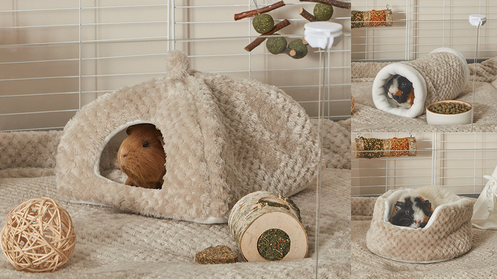 Our solid Tranquil Taupe collection makes for the perfect Christmas presents for guinea pigs. Pictured is a collage of guinea pigs in Tranquil Taupe fleece accessories.