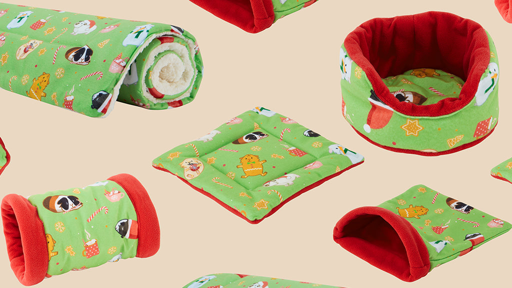 The guinea pig Christmas range gets your piggies involved in the holiday celebrations from the start.  Pictured are the fleece accessories in the guinea pig Christmas range.