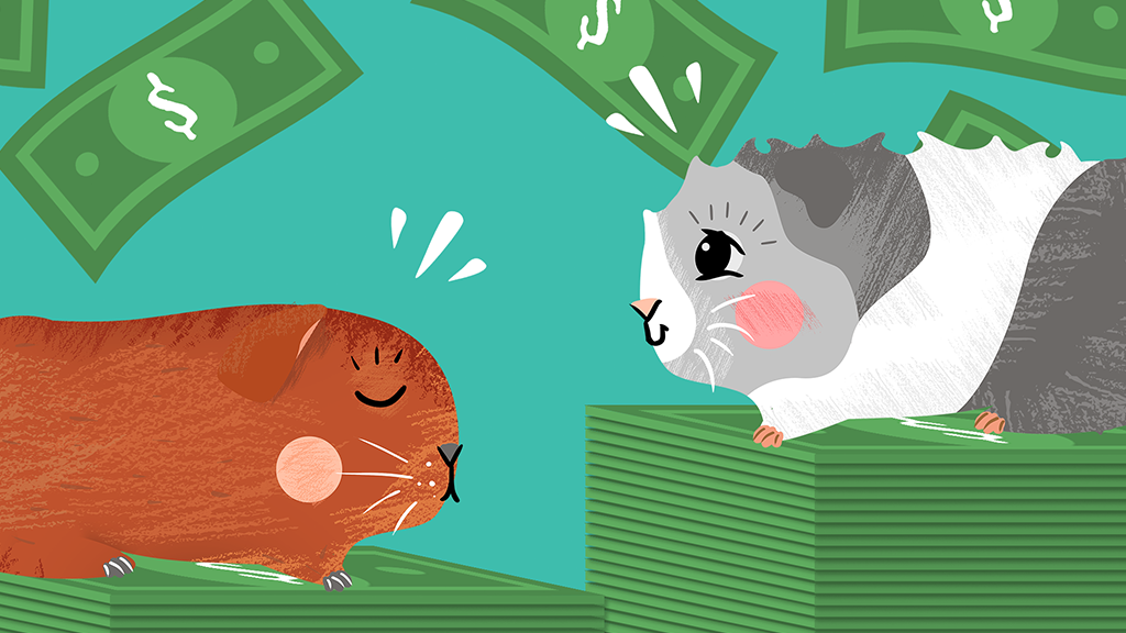 Two guinea pigs sat on a pile of money with money raining down on them 