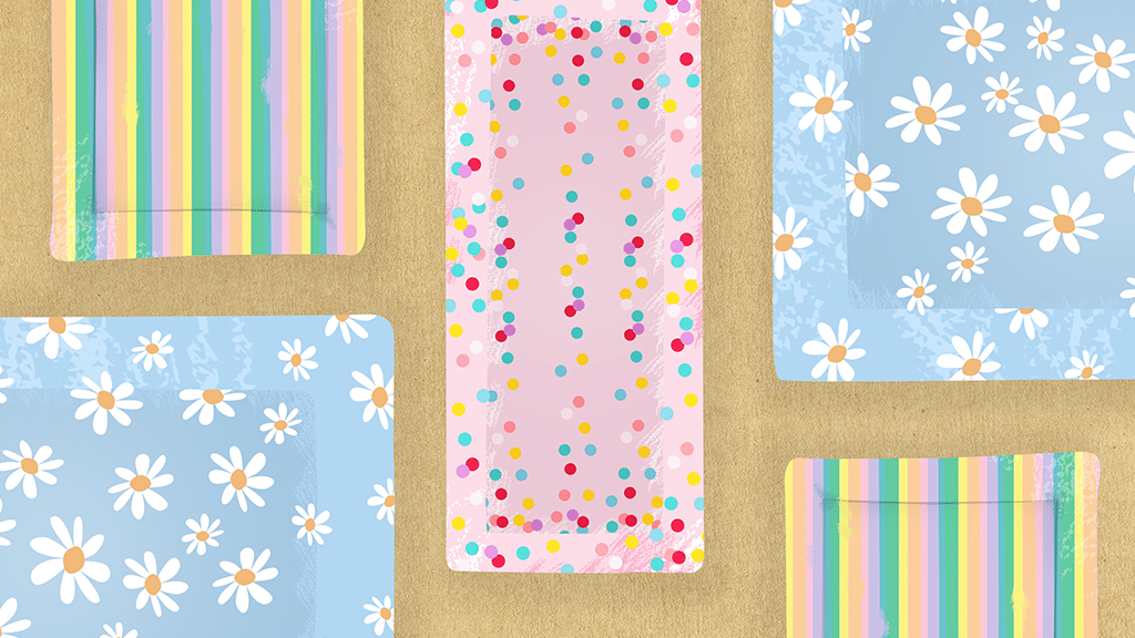an illustration of kavee c cages fleece liners in daisy spots and rainbow designs