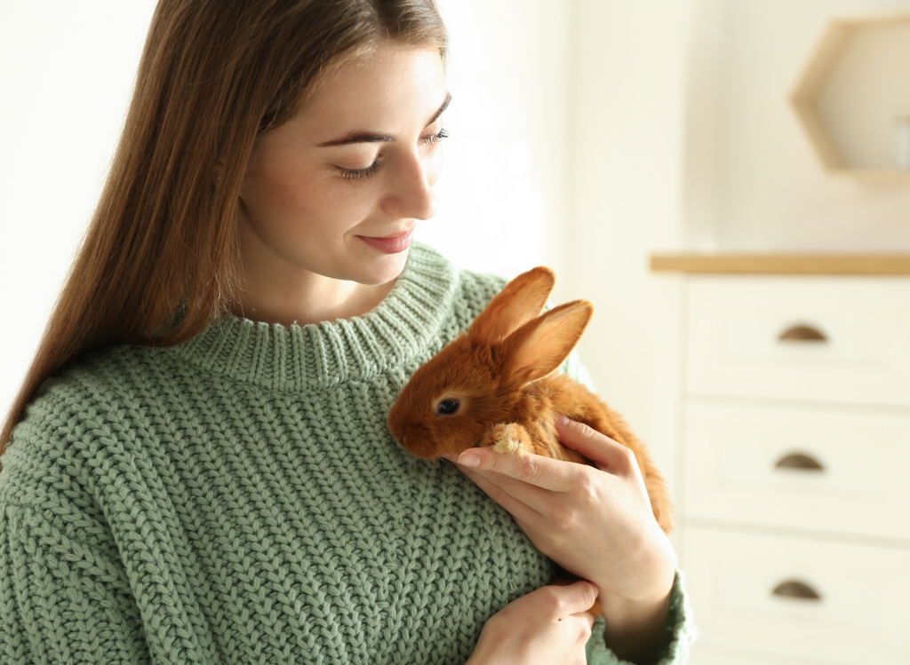 Woman holding rabbit indoors