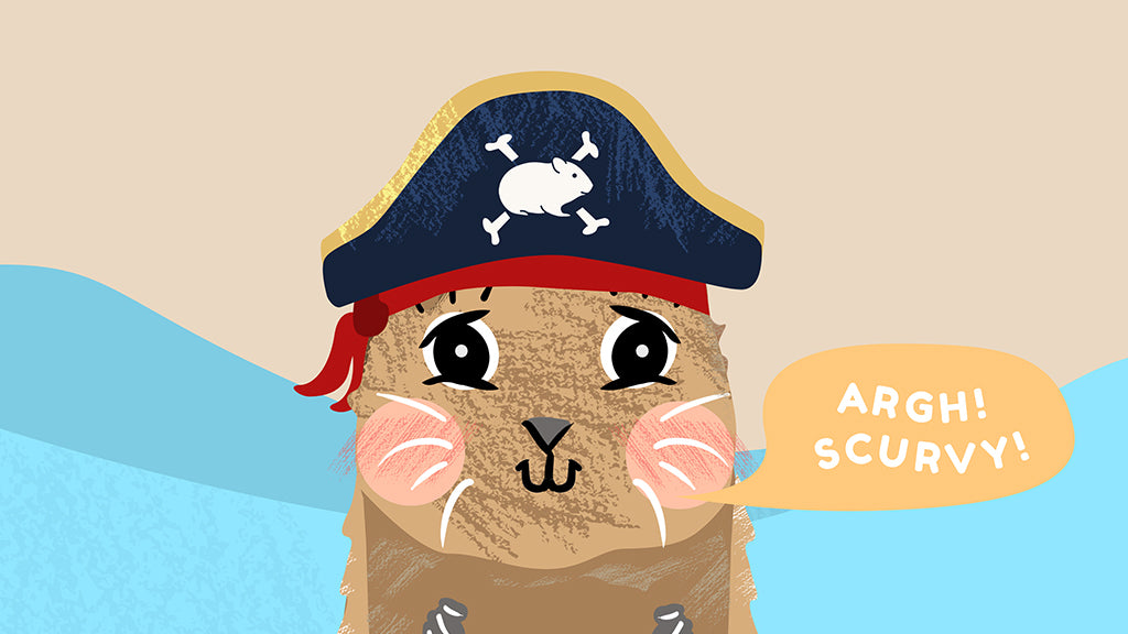 Symptoms of vitamin C deficiency in guinea pigs are a serious issue. Pictured is a guinea pig dressed as a pirate, saying 'Argh guinea pig scurvy!'