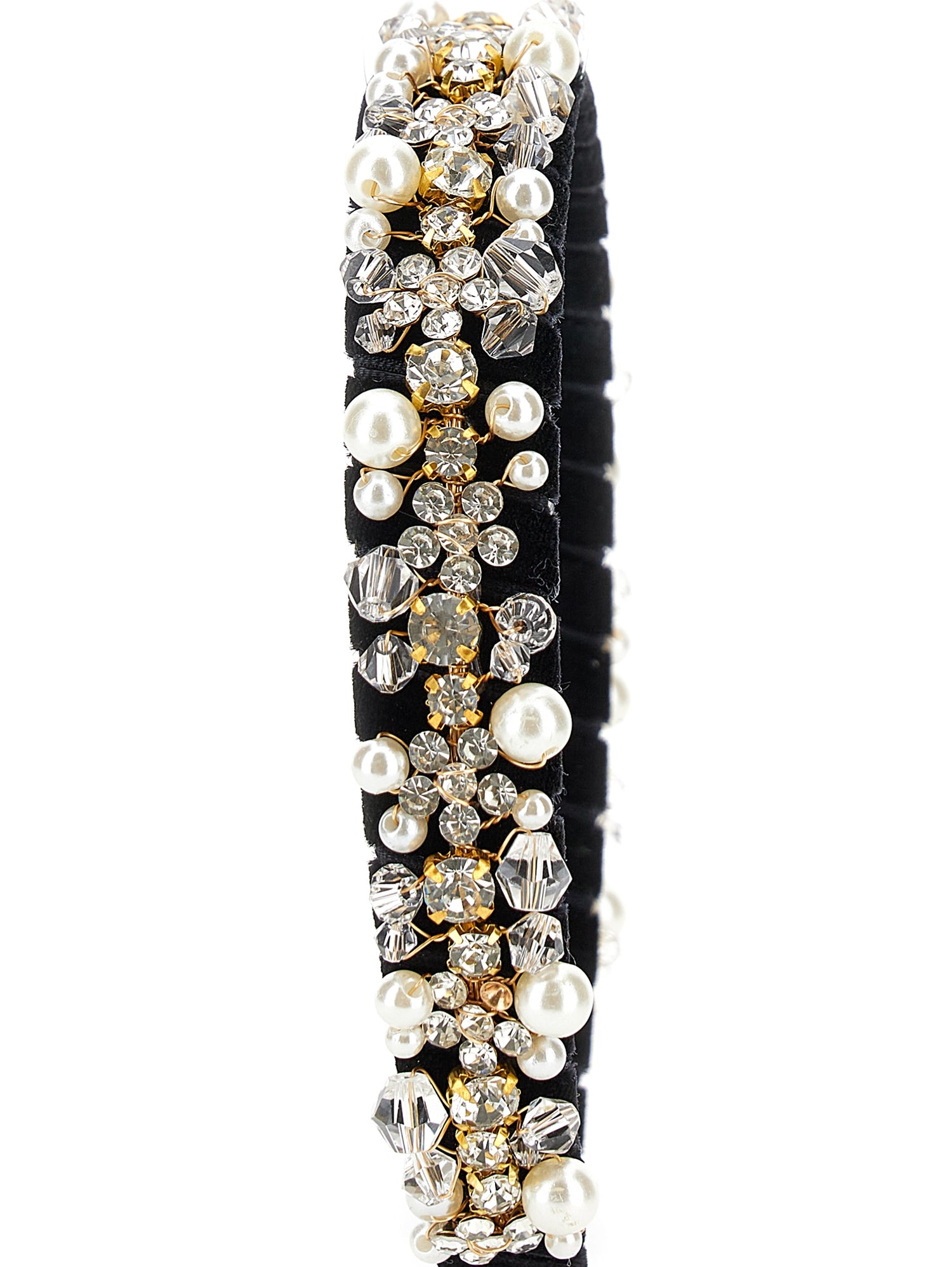 Velvet headband with rhinestones and pearls