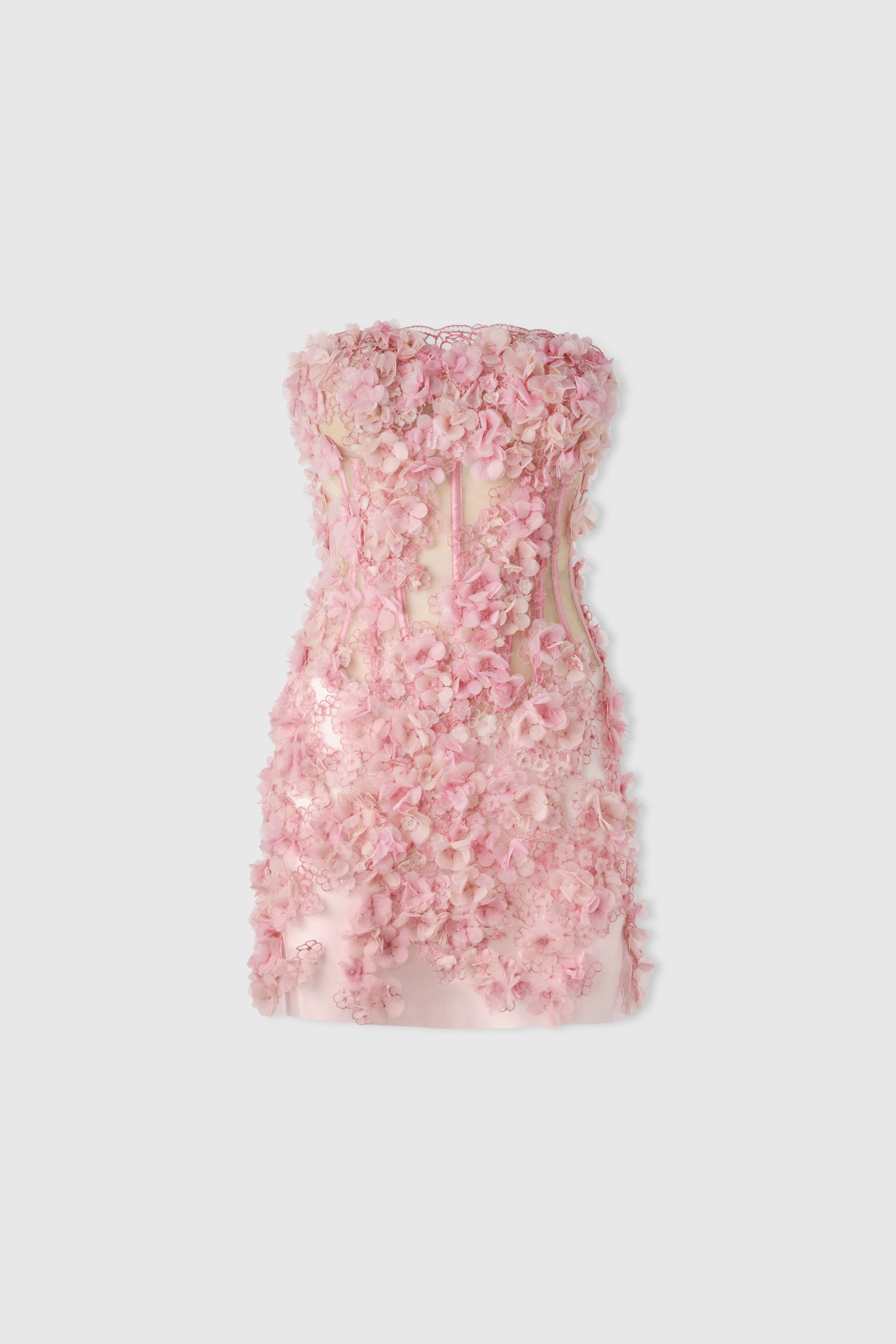 Bustier dress with three-dimensional flowers