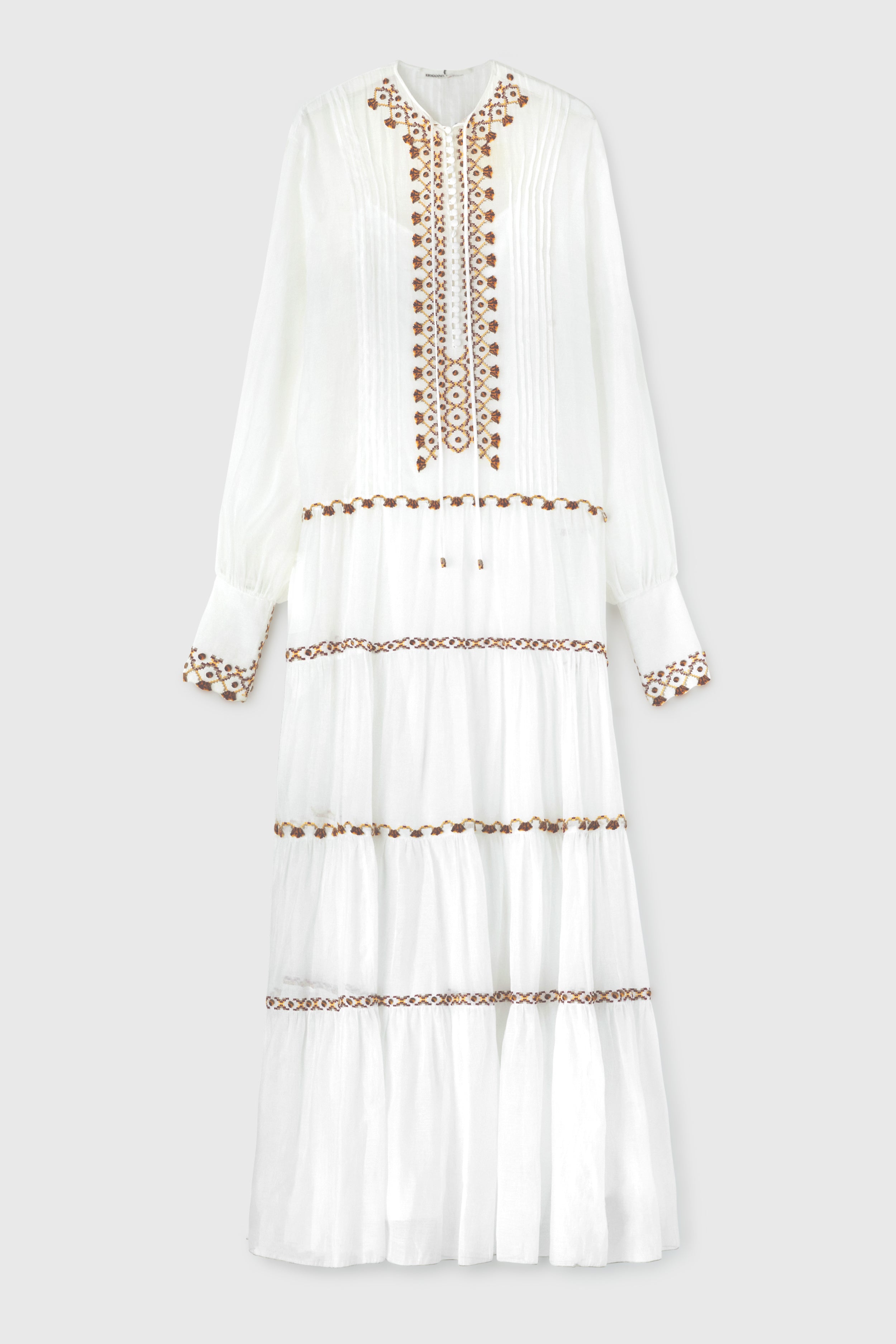 Long muslin dress with ethnic embroidery