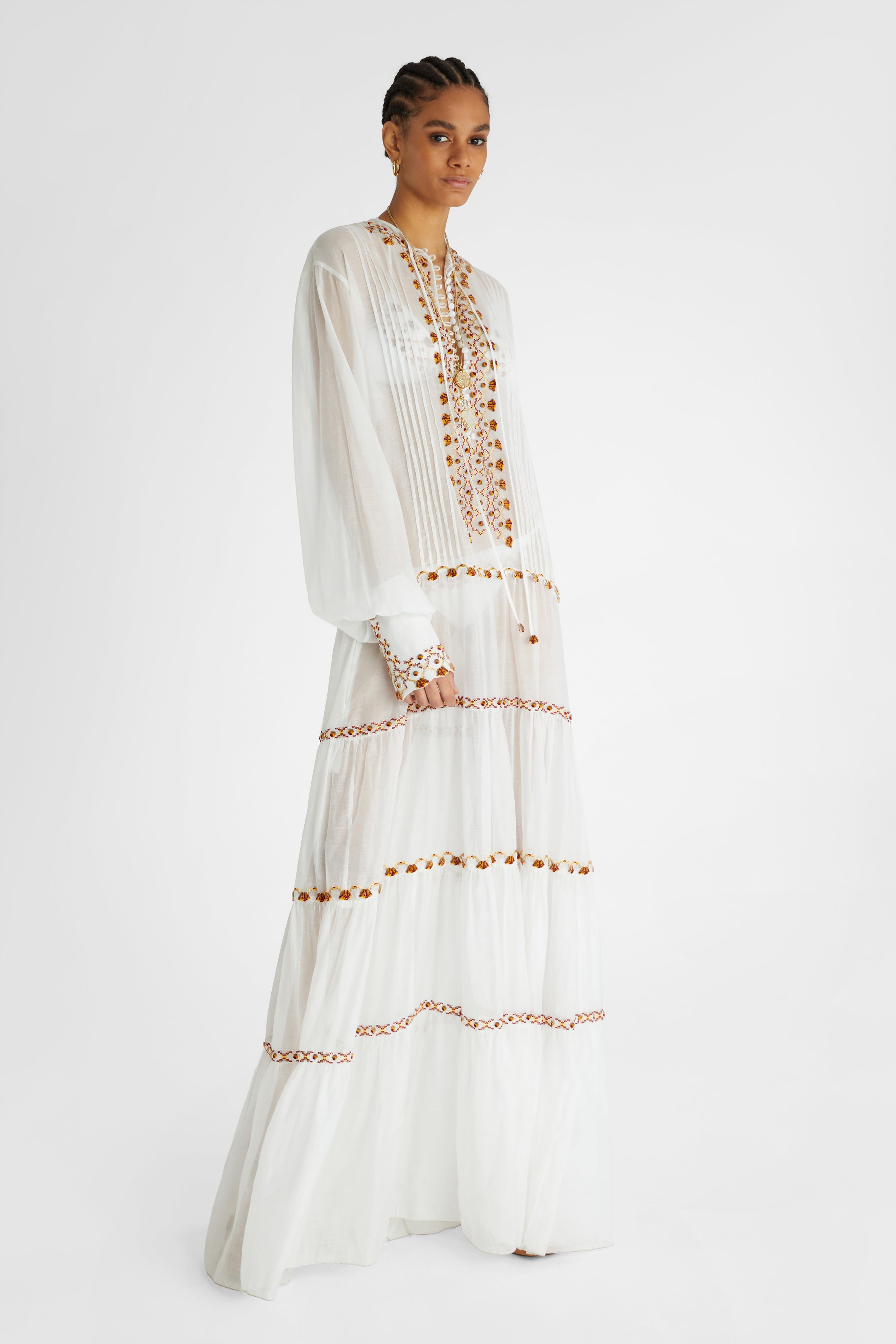Long muslin dress with ethnic embroidery