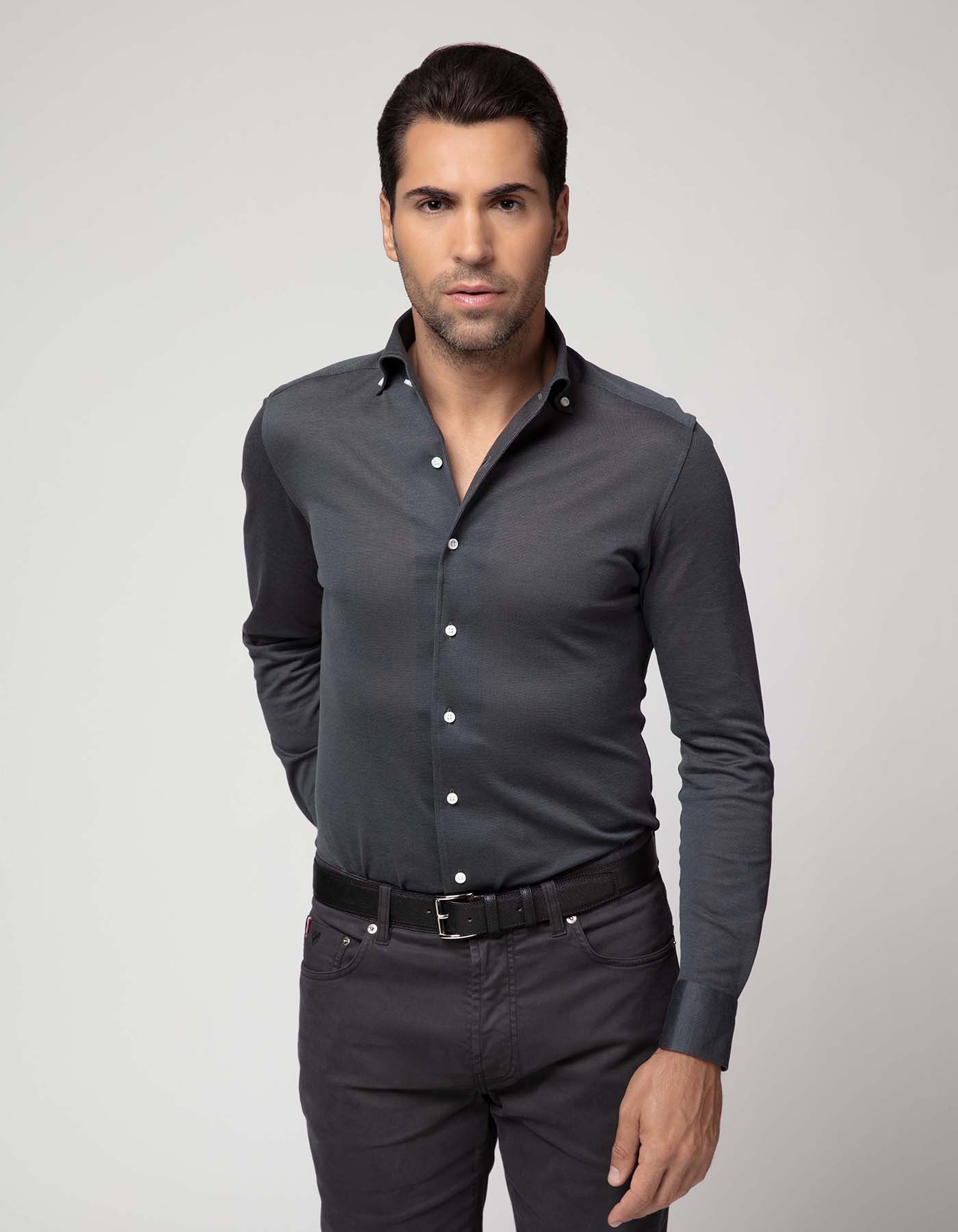 CHARCOAL CUBA HANDMADE PIQUE KNIT BUTTON DOWN COLLAR SHIRT