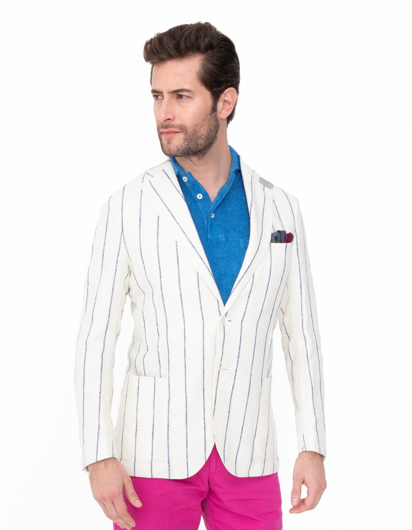 LINEN BLEND CHALK STRIPE 2 BUTTON BLAZER