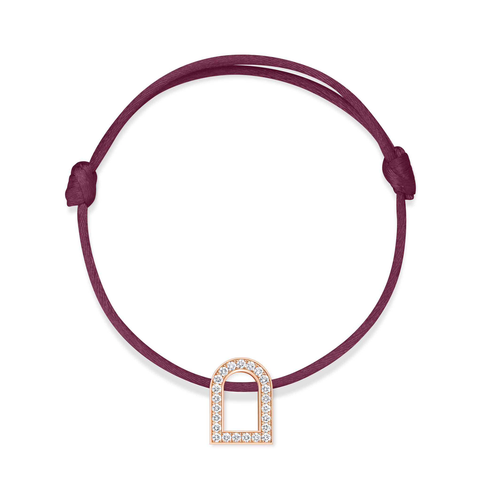 L’Arc Voyage Charm GM, 18k Rose Gold with Galerie Diamonds on Silk Cord Bracelet