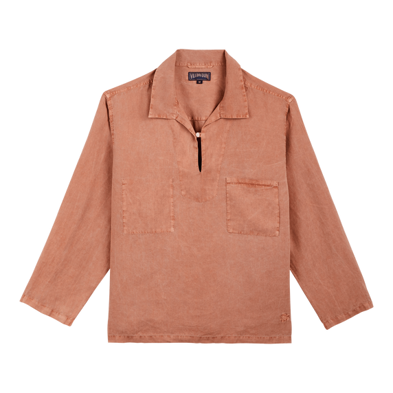 Men Linen Pullover Collared Solid Mineral Dye