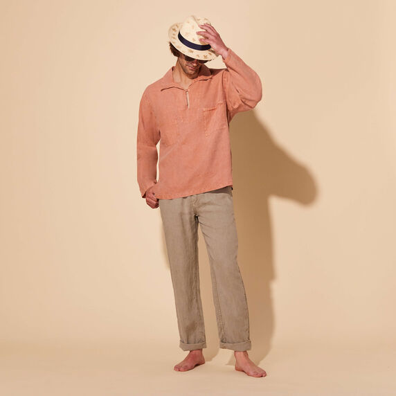 Men Linen Pullover Collared Solid Mineral Dye