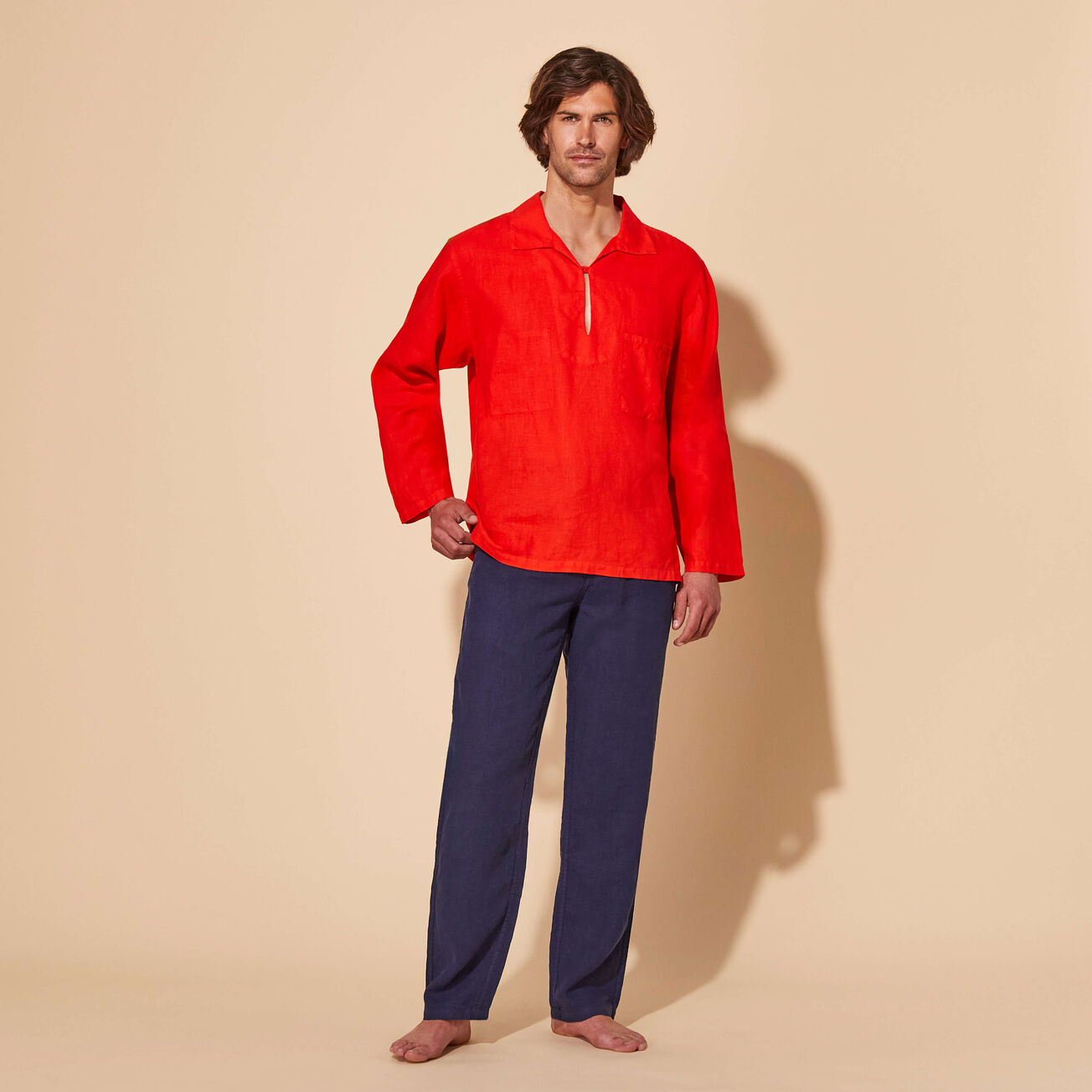 Men Linen Pullover Collared