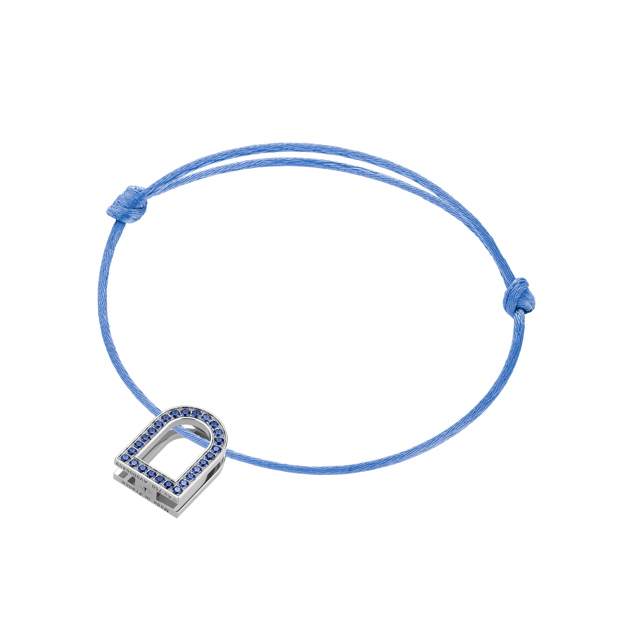 L’Arc Voyage Charm MM, 18k White Gold with Galerie Blue Sapphires on Silk Cord
