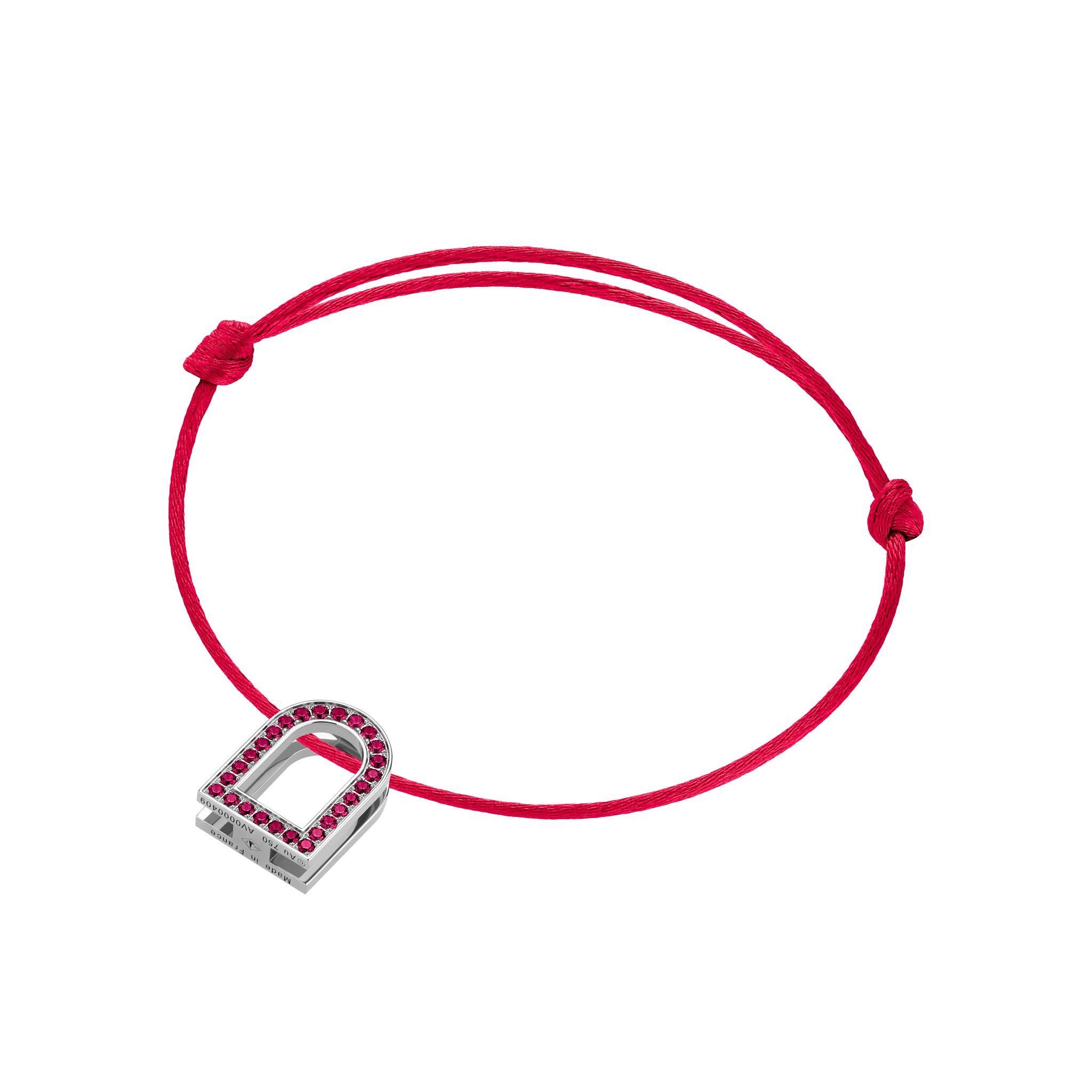 L’Arc Voyage Charm MM, 18k White Gold with Galerie Rubies on Silk Cord