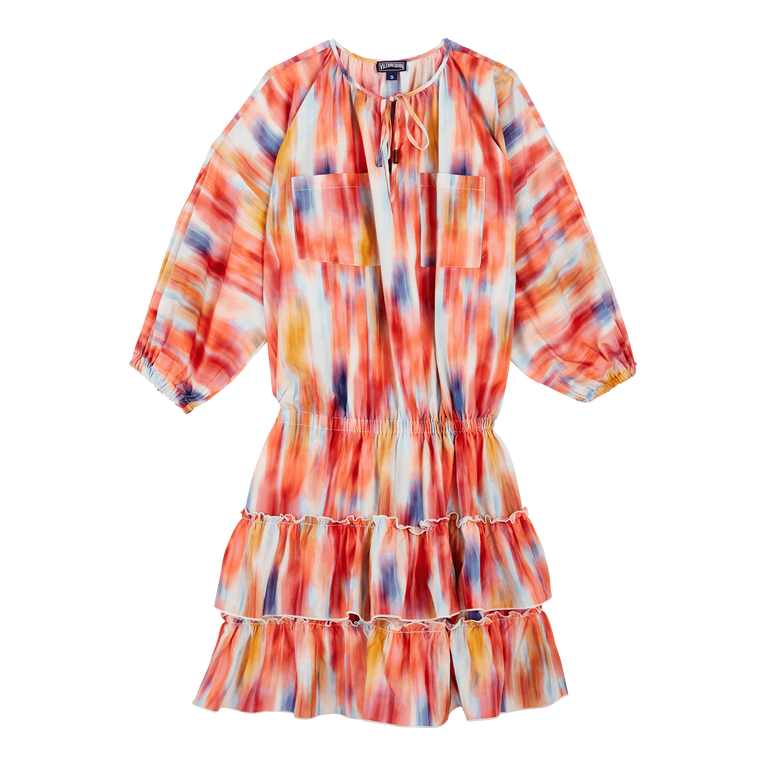 Women Ruffled Cotton Dress Ikat Flowers