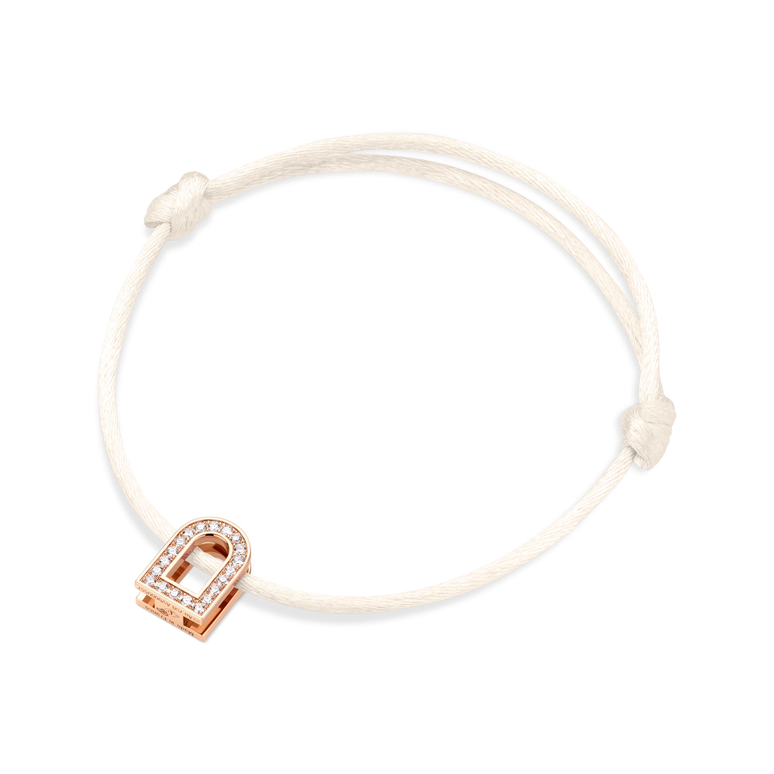 L'Arc Voyage Charm PM, 18K White Gold with Galerie Diamonds on Silk Cord Bracelet Caraïbes