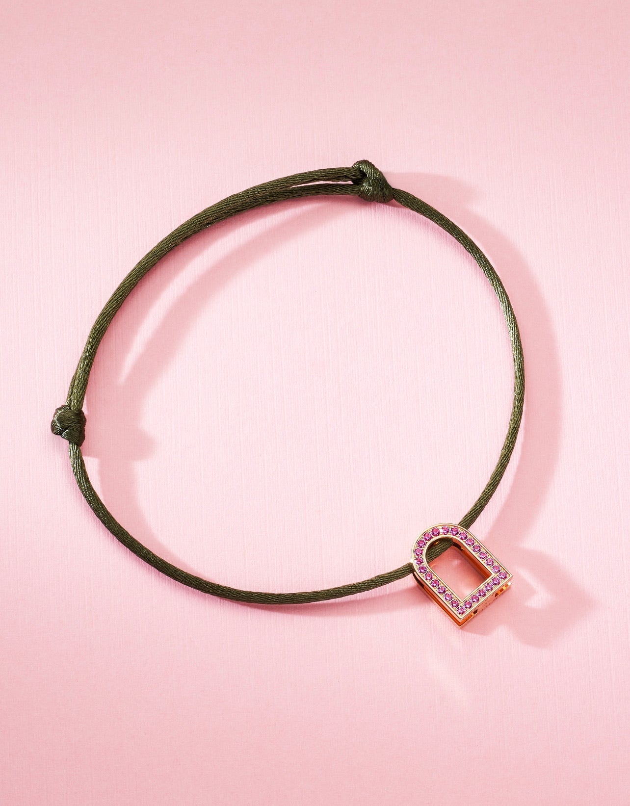 L’Arc Voyage Charm MM, 18k Rose Gold with Galerie Pink Sapphires on Silk Cord