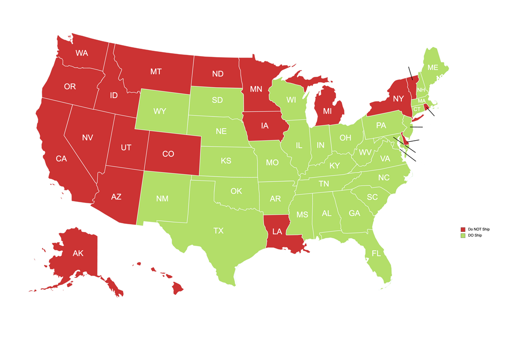 Map of states Ocho Extracts ships and does not ship their Delta-8, Delta-9, Delta-6, THCB, THCJD, THCP, THCX, THCA, THCH, HHC cannabinoids.
