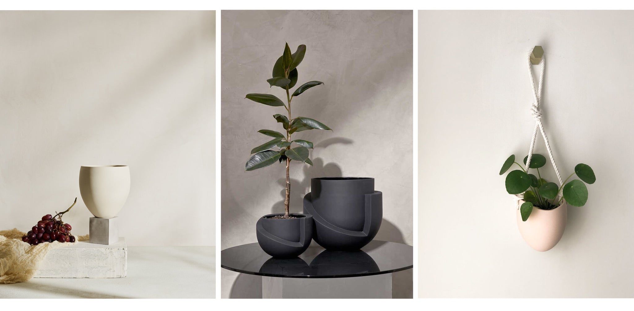 ELEVA porcelain and concrete planter,  VAYU ceramic planter,  SPORA ceramic planter with rope