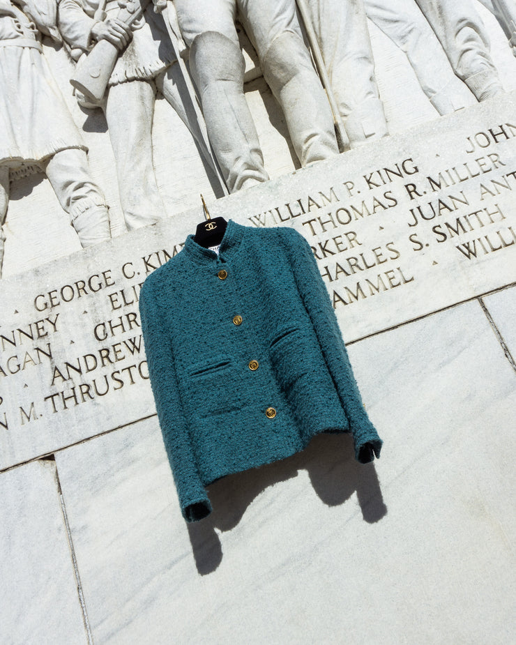 FR40-42 Chanel Mid-1980s Two-Pocketed Stand Up Collar Chanel No5 Bottle Button Details Teal Tweed Boucle Jacket