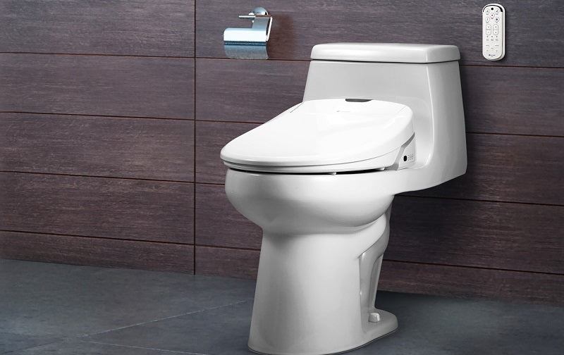 Brondell Swash 1400 installed on a one-piece toilet in a fancy restroom 