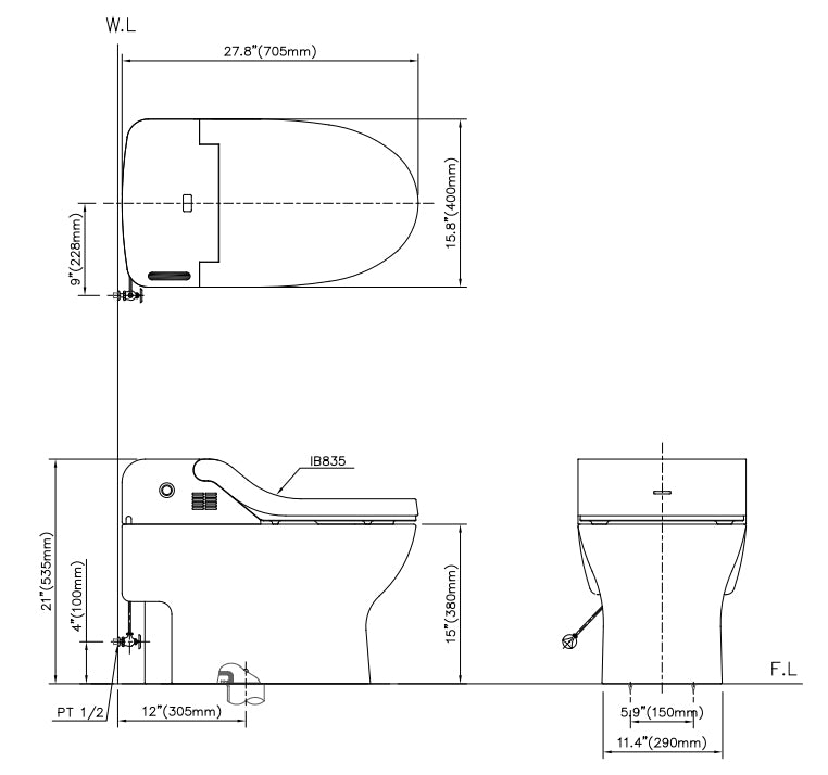 Bio Bidet IB 835 Measurements