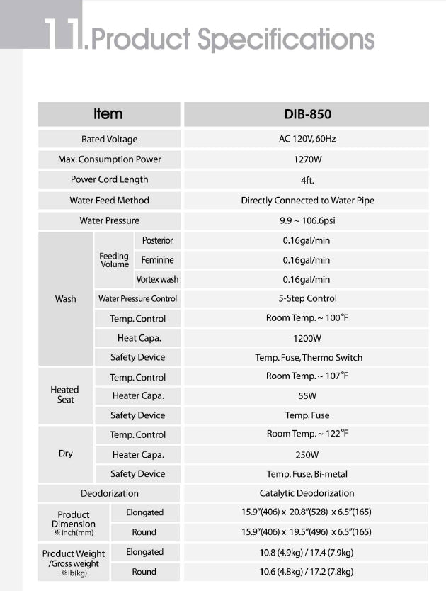 Bio Bidet DIB Specifications