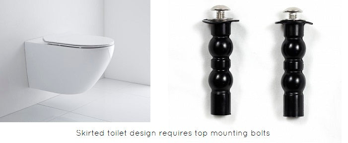 To the left, wall hung toilet, to the right, top mounting bolts