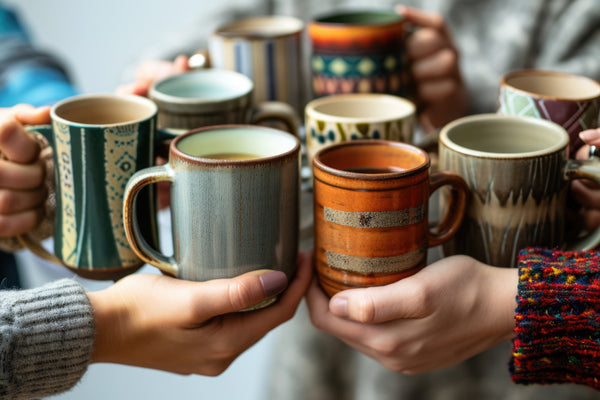 A group of people holding various patterned mugs, likely filled with a warm beverage.