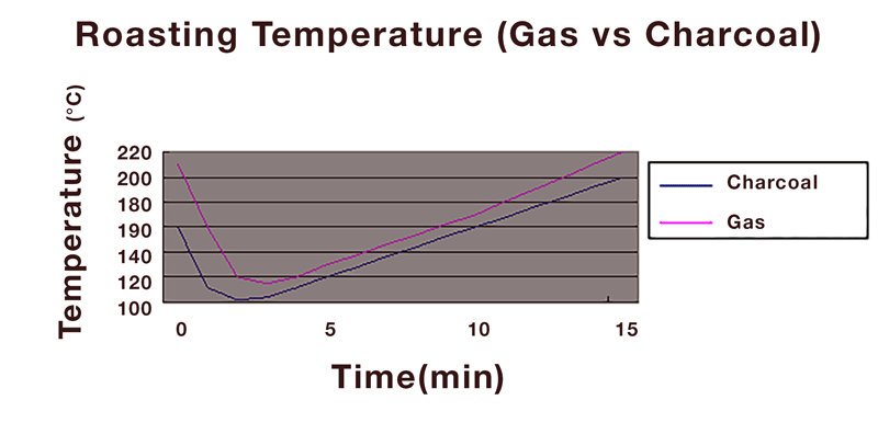 Temperature differences between gas and charcoal roasting