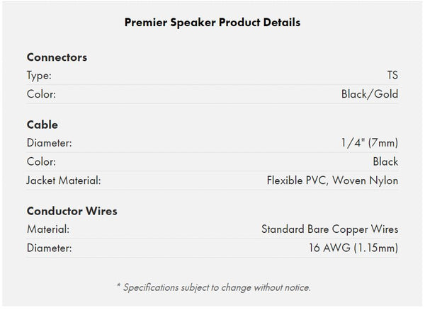 Warm Audio Premier Series Speaker cable specifications