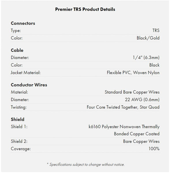 Warm Audio Premier Series TRS cable specifications
