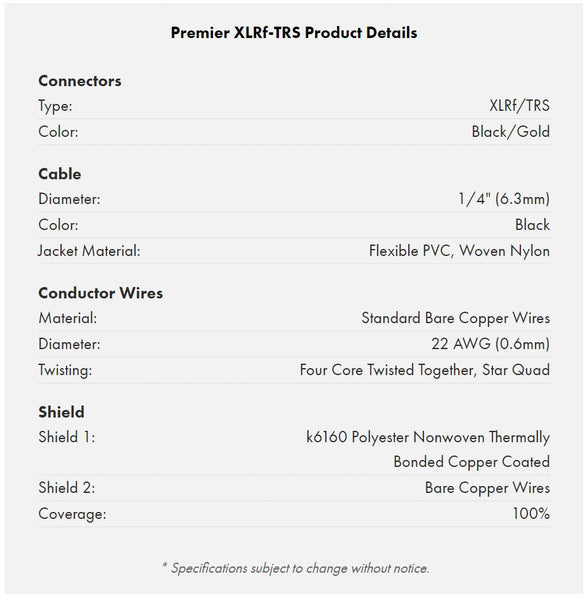 Warm Audio Premier Series XLR Female to TRS cable specifications